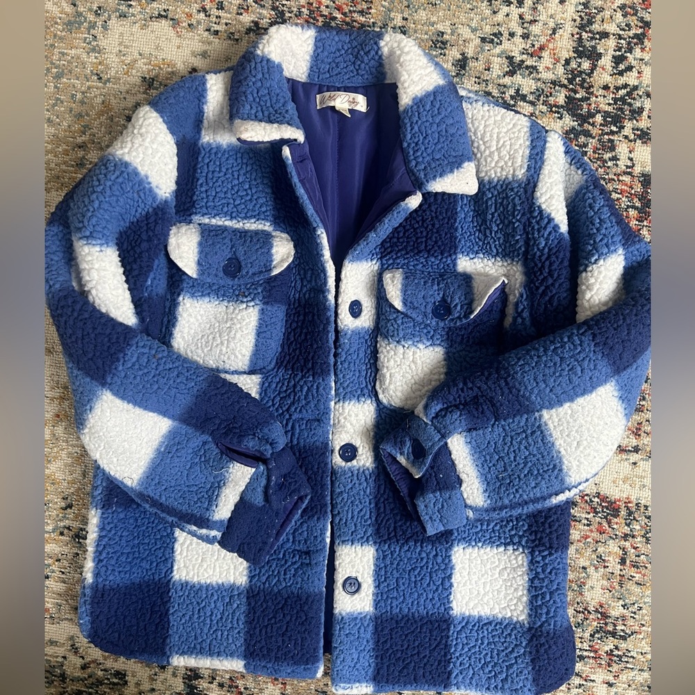 Blue and White Plaid Sherpa Jacket